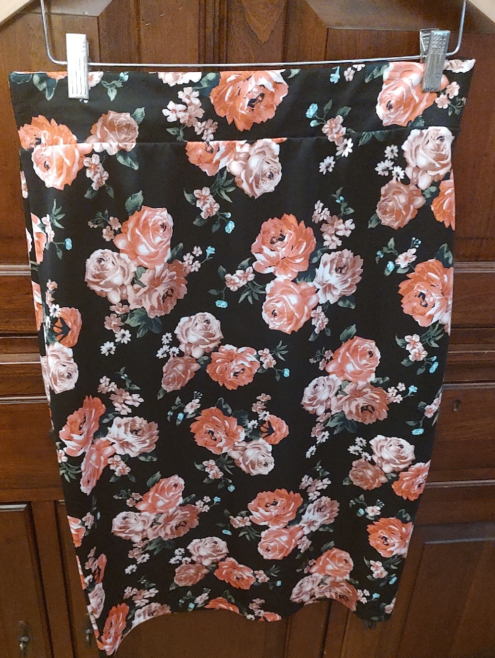 Black Pencil Skirt with Peach Floral Print